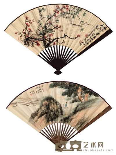 吴徵 溥伒 1945年作 梅花 山水 成扇 18.4×47cm；18.4×45.8cm